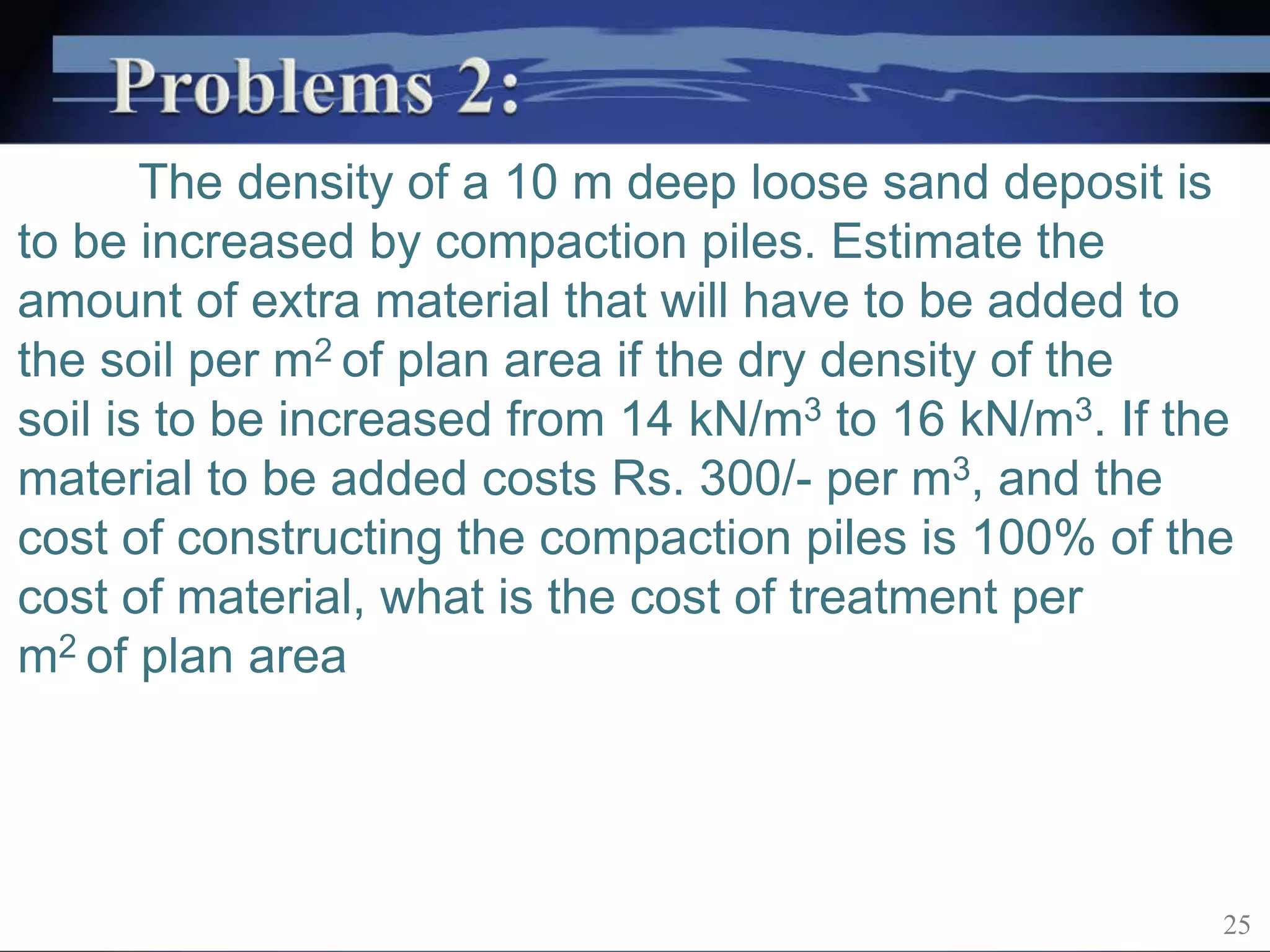 The density of a 10 m deep loose sand deposit is
to be increased by compaction piles. Estimate the
amount of extra material that will have to be added to
the soil per m2 of plan area if the dry density of the
soil is to be increased from 14 kN/m3 to 16 kN/m3. If the
material to be added costs Rs. 300/- per m3, and the
cost of constructing the compaction piles is 100% of the
cost of material, what is the cost of treatment per
m2 of plan area
25
 