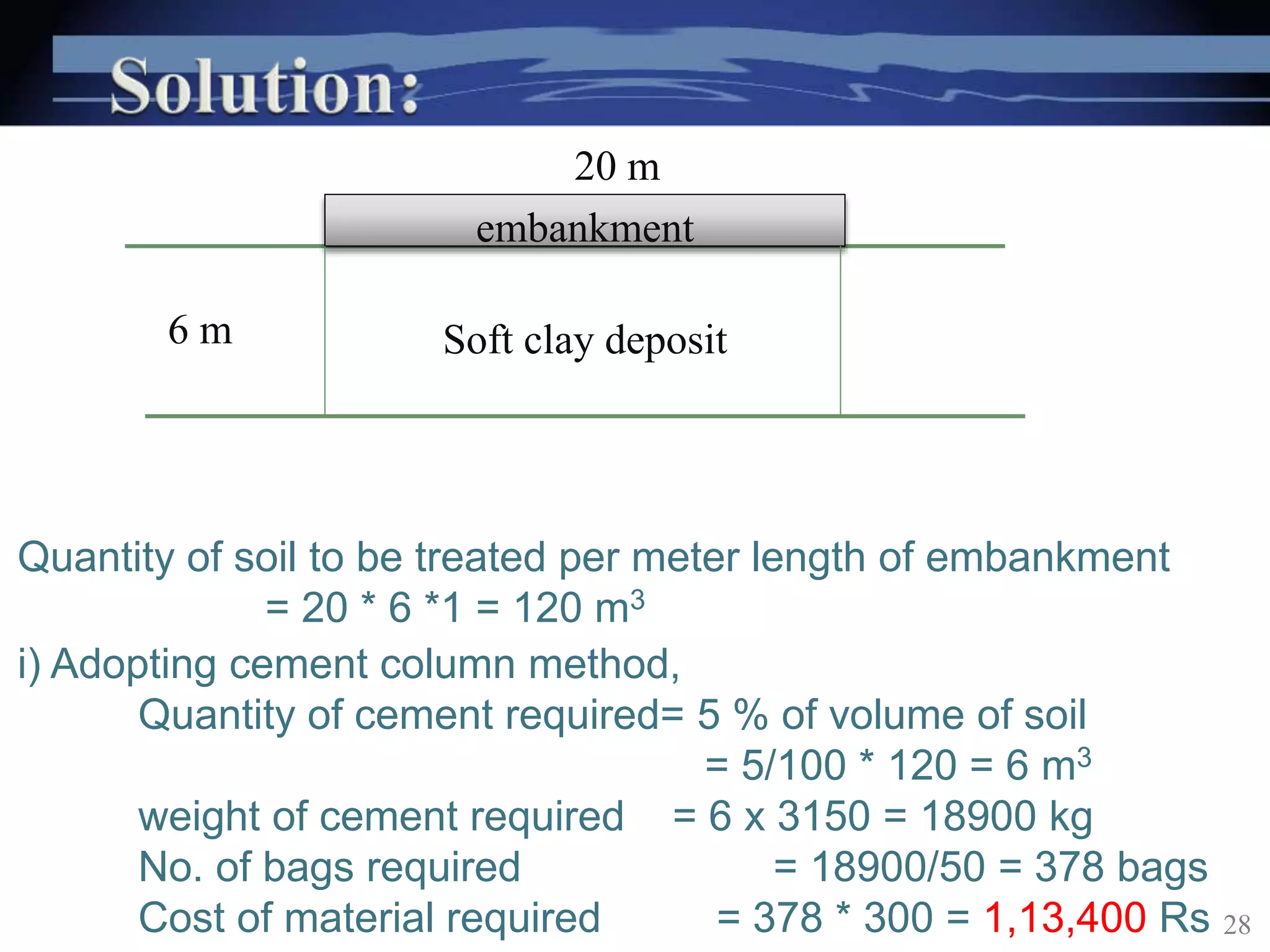 Quantity of soil to be treated per meter length of embankment
= 20 * 6 *1 = 120 m3
i) Adopting cement column method,
Quantity of cement required= 5 % of volume of soil
= 5/100 * 120 = 6 m3
weight of cement required = 6 x 3150 = 18900 kg
No. of bags required = 18900/50 = 378 bags
Cost of material required = 378 * 300 = 1,13,400 Rs 28
embankment
20 m
6 m Soft clay deposit
 