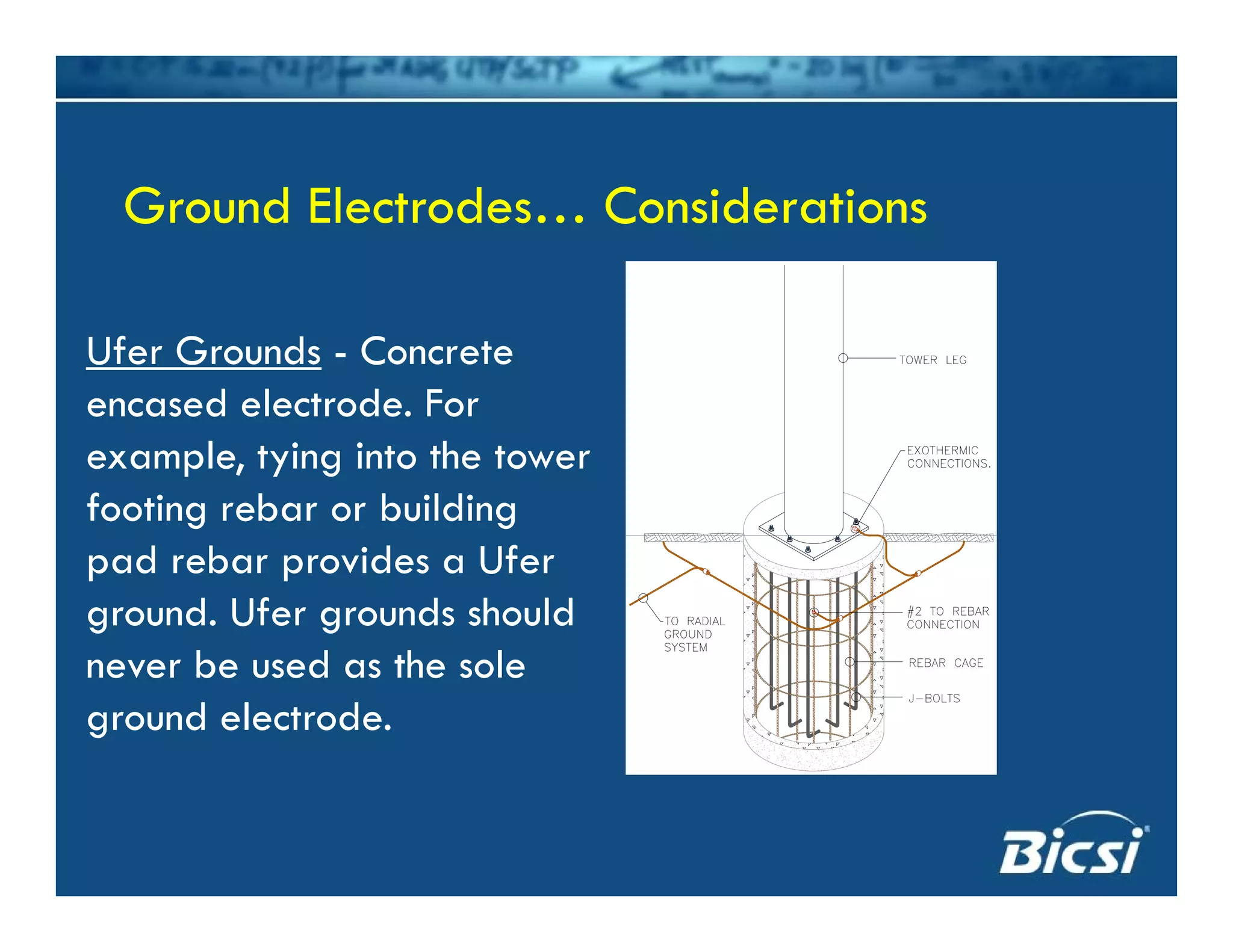 Ground Electrodes… ConsiderationsGround Electrodes… Considerations
Ufer Grounds - Concrete
encased electrode. Forencased electrode. For
example, tying into the tower
footing rebar or building
pad rebar provides a Ufer
ground. Ufer grounds should
b d th lnever be used as the sole
ground electrode.
 