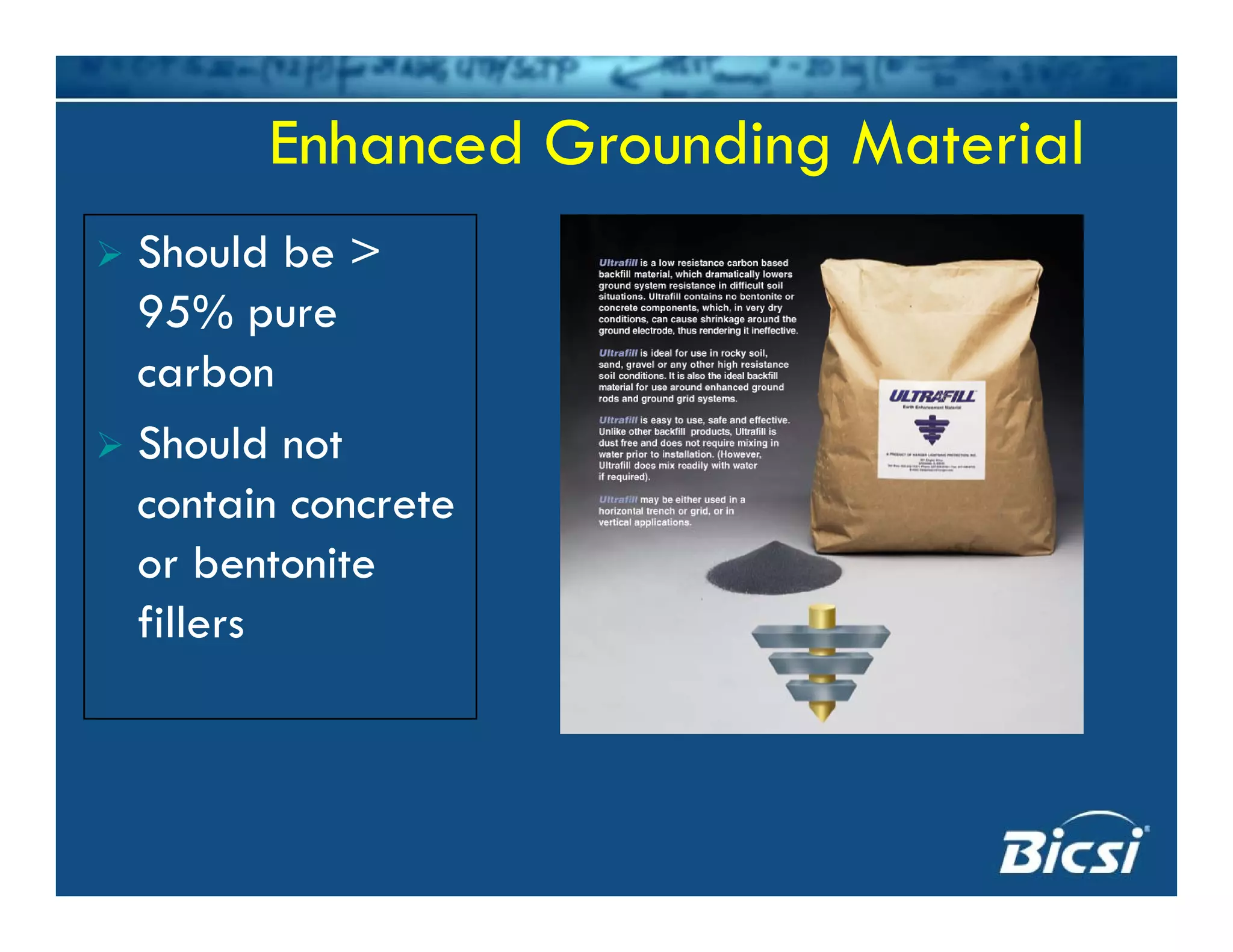 Enhanced Grounding Materialg
Should be >
95%95% pure
carbon
Should not
contain concrete
or bentonite
fillers
 