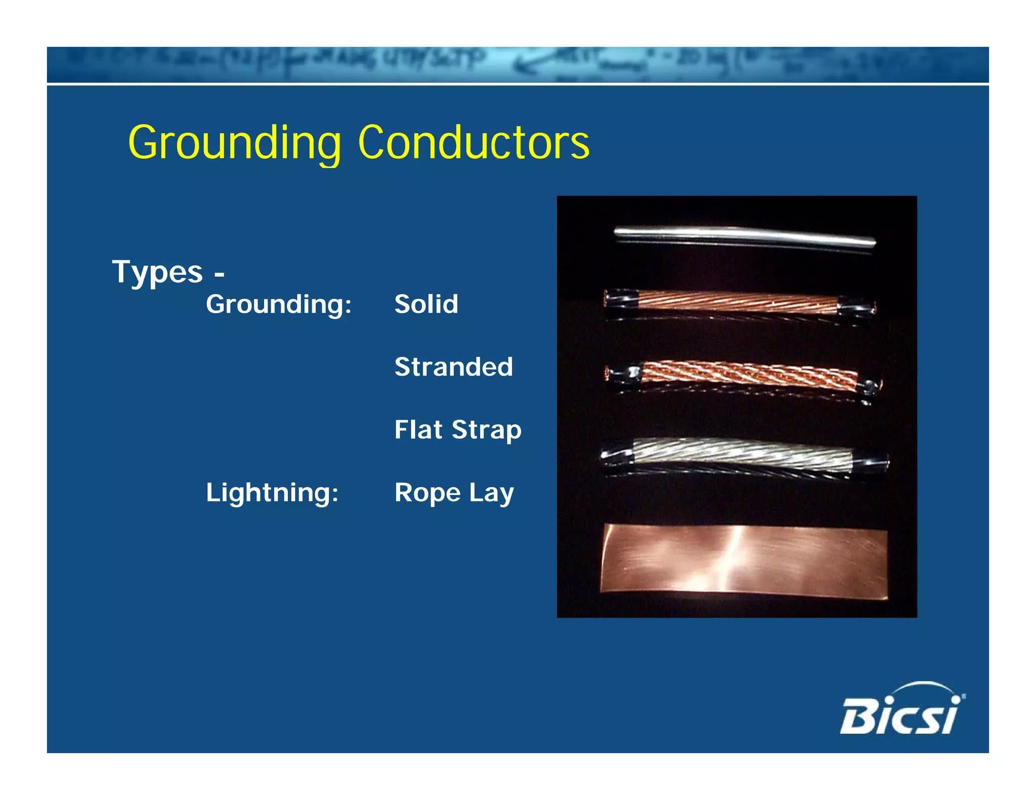 Grounding ConductorsGrounding ConductorsGrounding ConductorsGrounding Conductors
Types -
Grounding: Solid
Stranded
Flat Strap
Lightning: Rope Lay
 