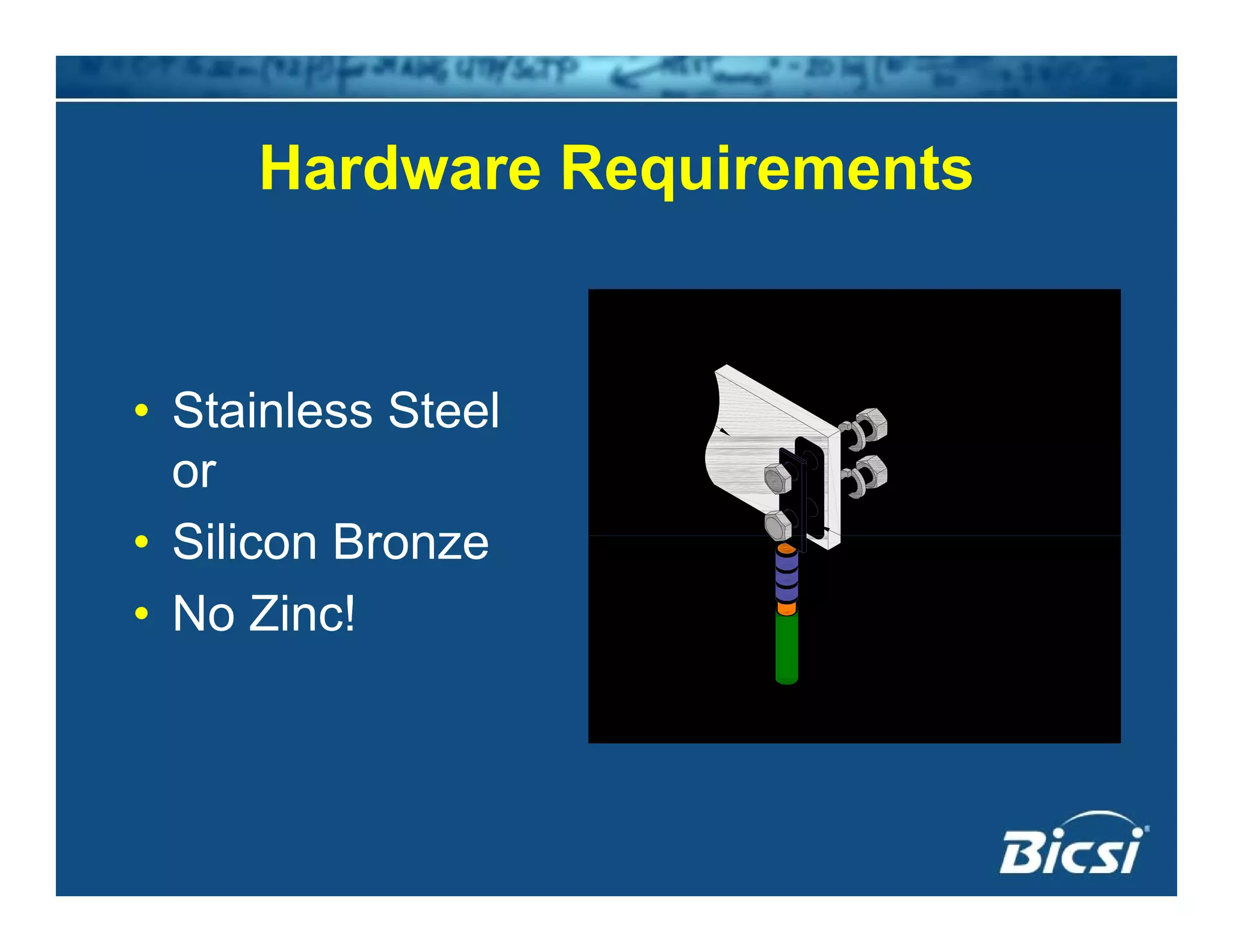 Hardware RequirementsHardware Requirements
• Stainless Steel• Stainless Steel
or
• Silicon Bronze• Silicon Bronze
• No Zinc!
 