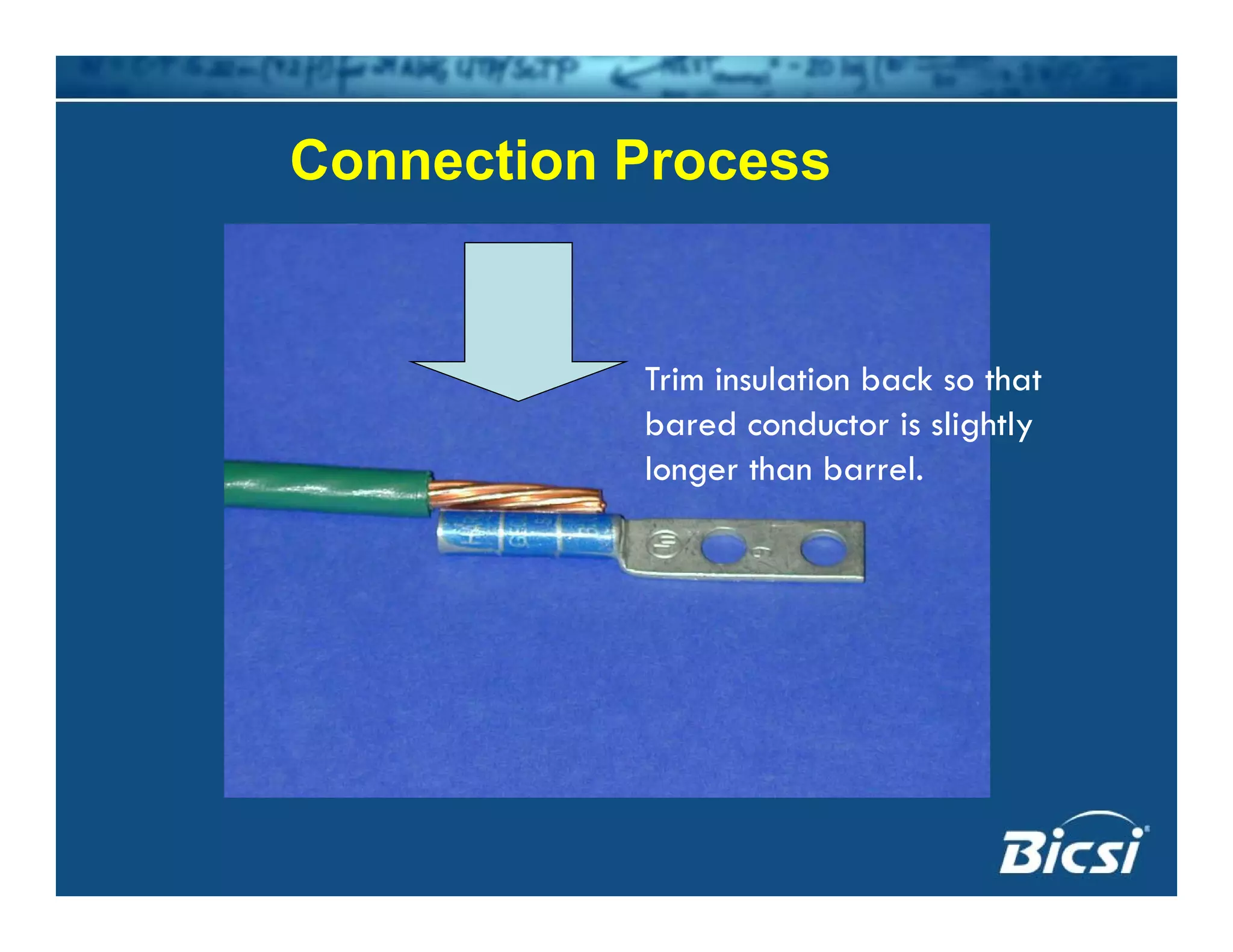 Connection ProcessConnection Process
Trim insulation back so that
b d d t i li htlbared conductor is slightly
longer than barrel.
 