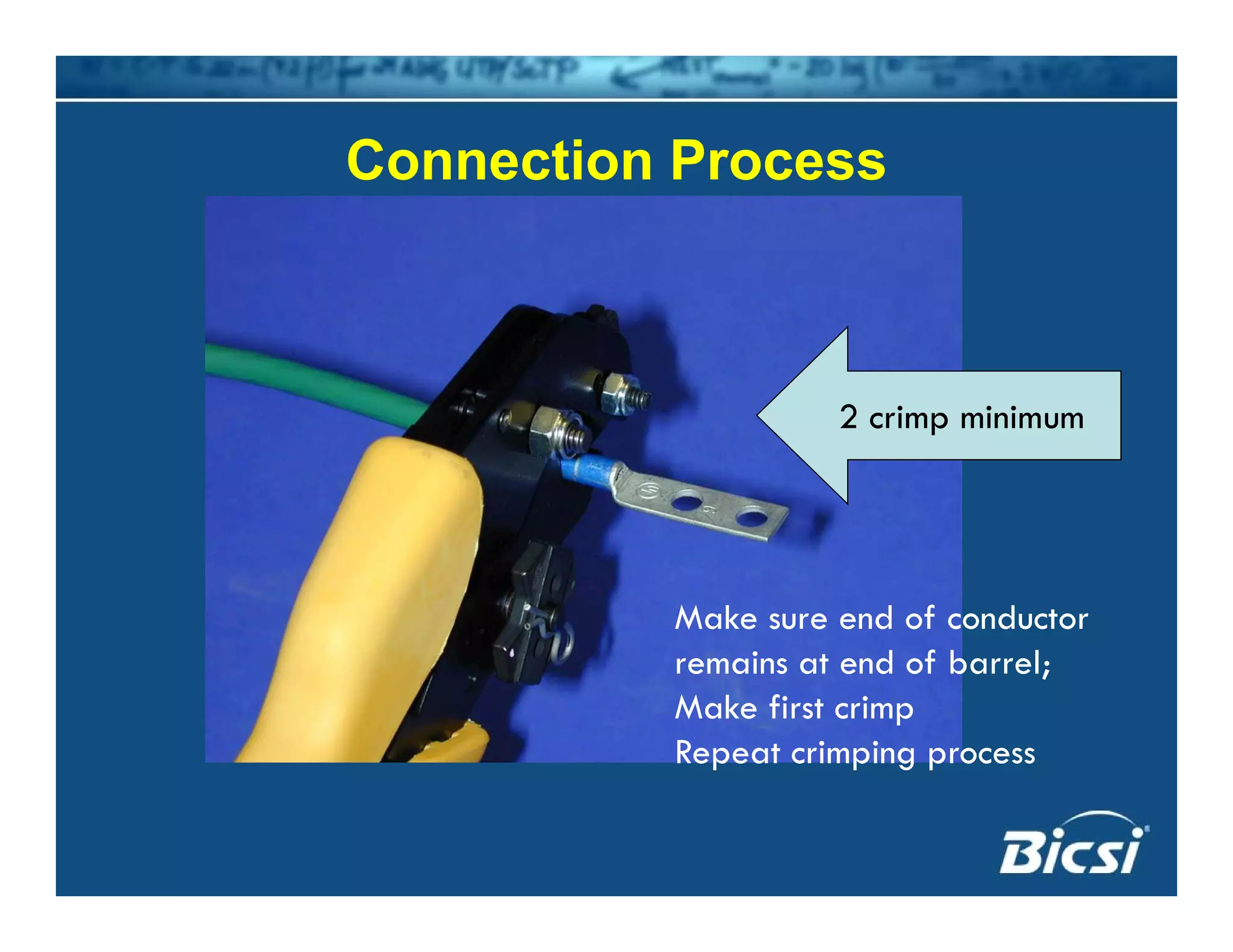 Connection ProcessConnection Process
2 crimp minimum2 crimp minimum
Make sure end of conductor
i t d f b lremains at end of barrel;
Make first crimp
Repeat crimping process
 