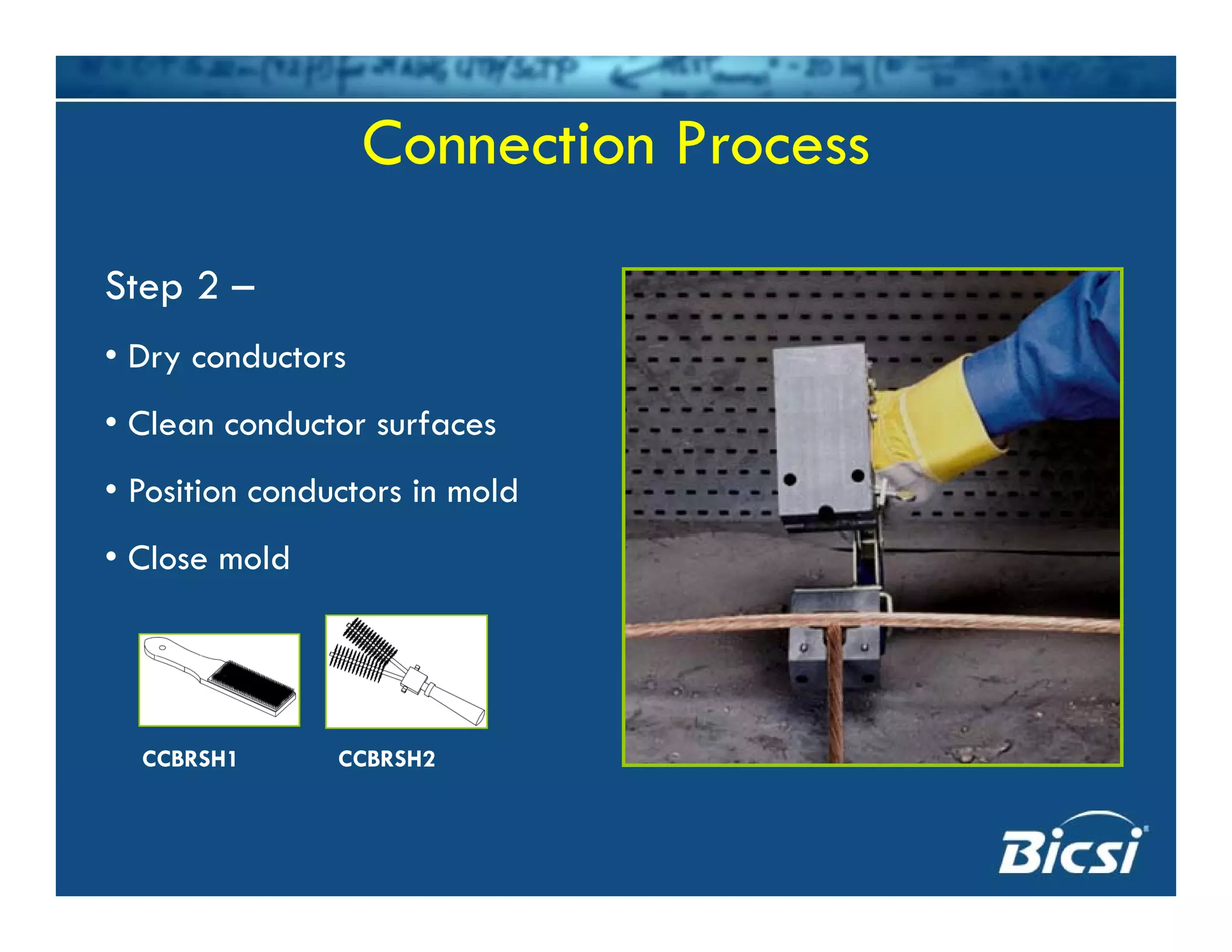 Connection Process
Step 2 –Step 2
• Dry conductors
Cl d t f• Clean conductor surfaces
• Position conductors in mold
• Close mold
CCBRSH1 CCBRSH2
 
