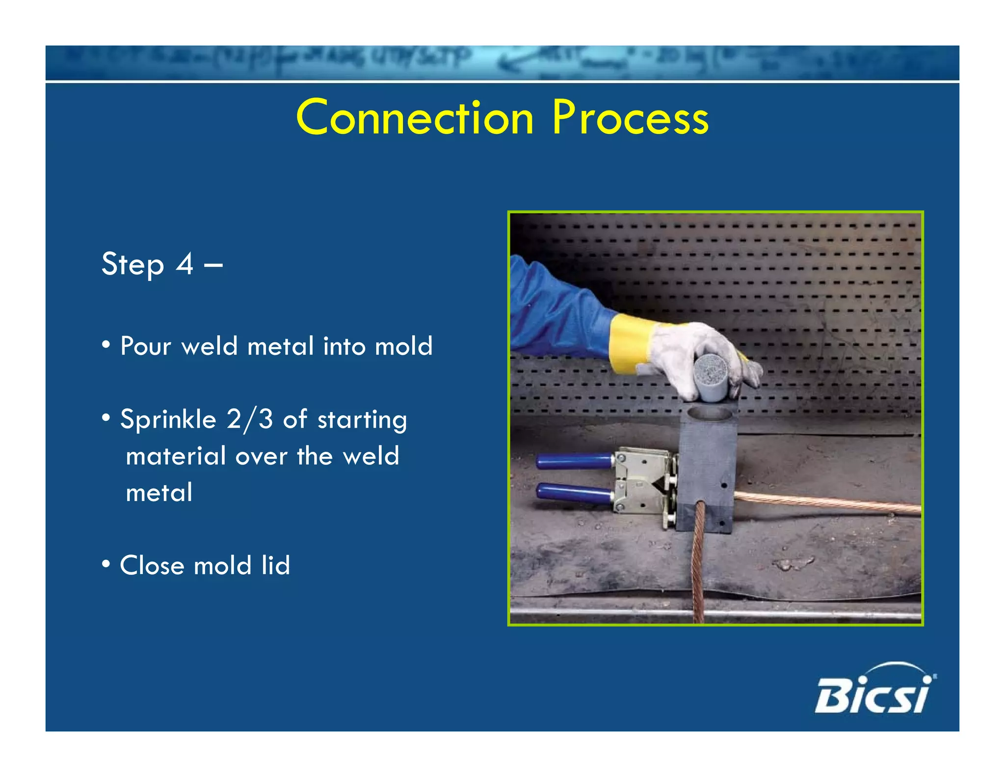 Connection Process
Step 4 –
P ld t l i t ld• Pour weld metal into mold
• Sprinkle 2/3 of starting
material over the weld
metal
• Close mold lid
 