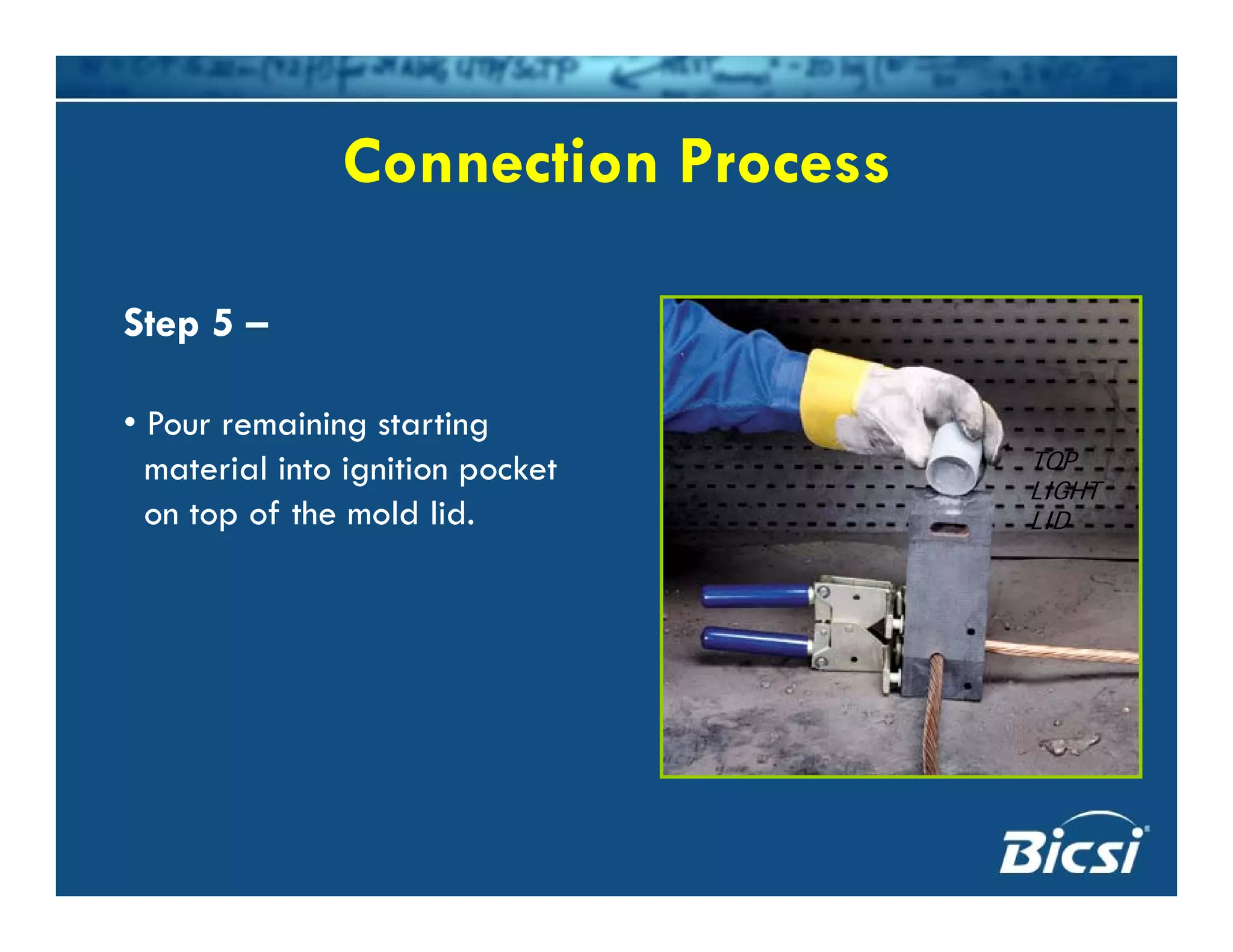 Connection ProcessConnection Process
Step 5 –
P i i t ti• Pour remaining starting
material into ignition pocket
on top of the mold lid.
TOPTOP
LIGHTLIGHT
LIDLID
 