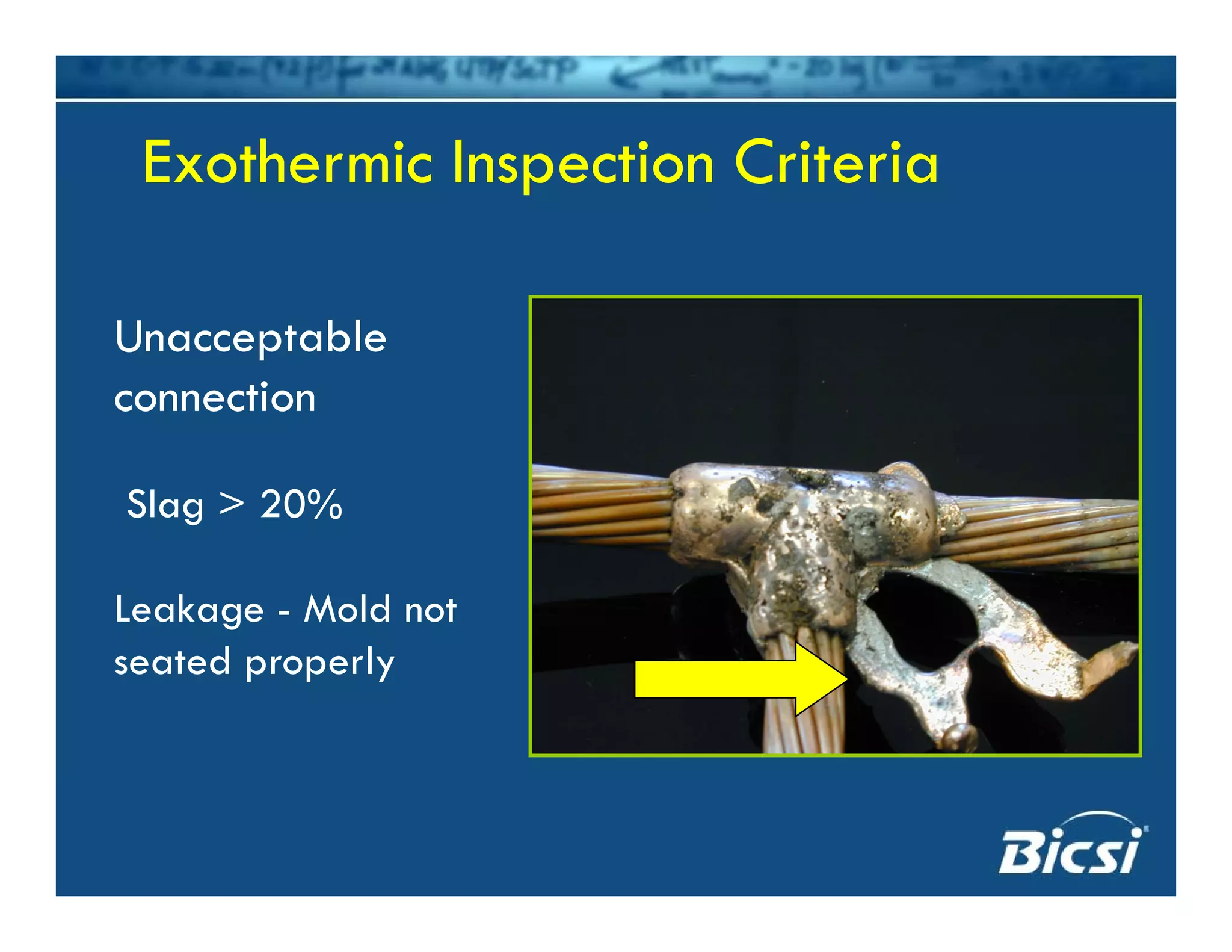 Exothermic Inspection CriteriaExothermic Inspection CriteriaExothermic Inspection CriteriaExothermic Inspection Criteria
Unacceptable
connection
Slag > 20%
Leakage - Mold not
t d lseated properly
 