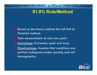 61.8% Rule/Method
Based on the theory behind the full Fall of
P t ti l th dPotential method.
Take measurement at only one point.
Ad E l i k dAdvantage: Extremely quick and easy.
Disadvantage: Assumes that conditions are
f t ( d t b i d ilperfect (adequate probe spacing and soil
homogeneity).
 