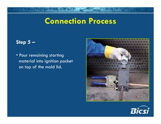 Connection ProcessConnection Process
Step 5 –
P i i t ti• Pour remaining starting
material into ignition pocket
on top of the mold lid.
TOPTOP
LIGHTLIGHT
LIDLID
 