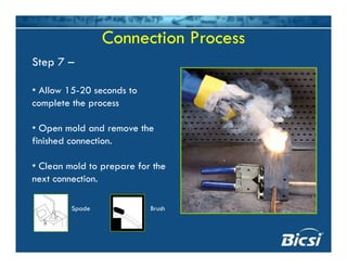 Connection Process
Step 7 –
• Allow 15-20 seconds to
complete the process
• Open mold and remove the
finished connection.
• Clean mold to prepare for the
next connection.
Spade Brush
 