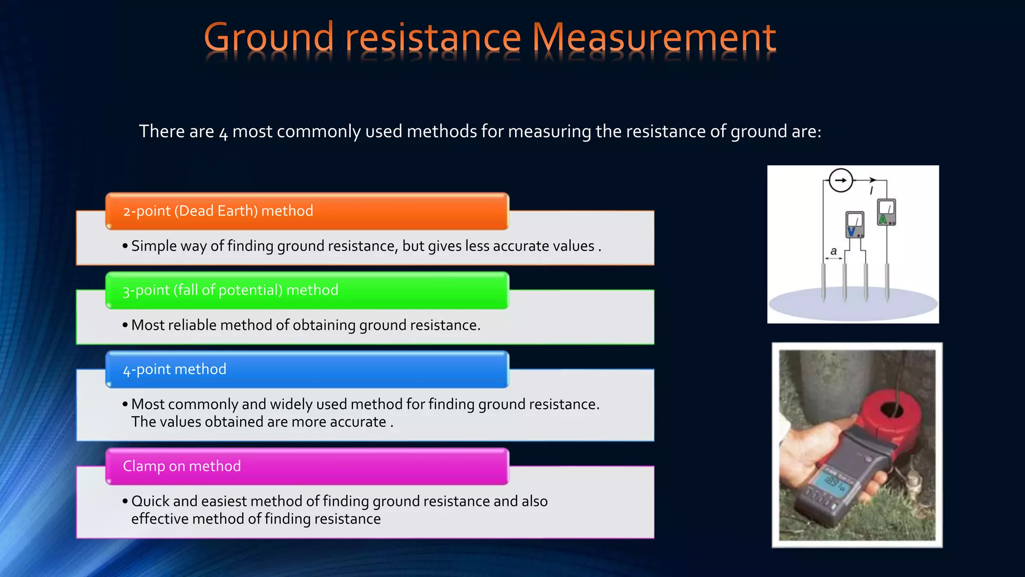 There are 4 most commonly used methods for measuring the resistance of ground are:
• Simple way of finding ground resistance, but gives less accurate values .
2-point (Dead Earth) method
• Most reliable method of obtaining ground resistance.
3-point (fall of potential) method
• Most commonly and widely used method for finding ground resistance.
The values obtained are more accurate .
4-point method
• Quick and easiest method of finding ground resistance and also
effective method of finding resistance
Clamp on method
 