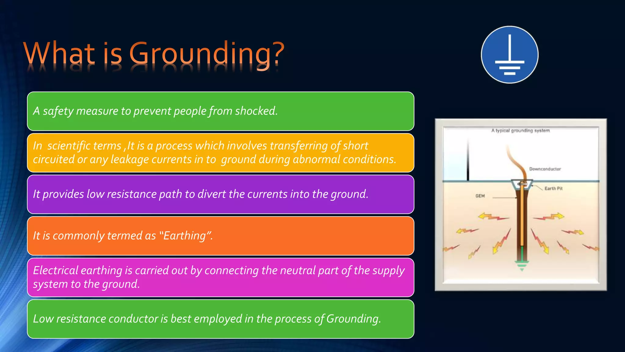 A safety measure to prevent people from shocked.
In scientific terms ,It is a process which involves transferring of short
circuited or any leakage currents in to ground during abnormal conditions.
It provides low resistance path to divert the currents into the ground.
It is commonly termed as “Earthing”.
Electrical earthing is carried out by connecting the neutral part of the supply
system to the ground.
Low resistance conductor is best employed in the process of Grounding.
 