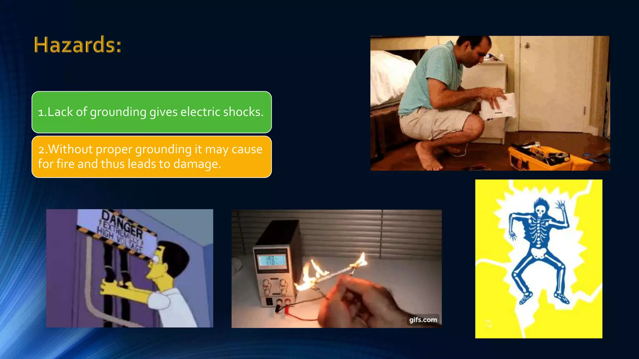 1.Lack of grounding gives electric shocks.
2.Without proper grounding it may cause
for fire and thus leads to damage.
 