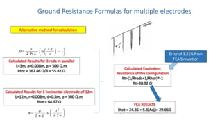 Ground Resistance Formulas for multiple electrodes
FEA RESULTS
Rtot = 24.36 + 5.3(Adj)= 29.66Ω
Calculated Results for 3 rods in parallel
L=3m, a=0.008m, ρ = 500 Ω.m
Rtot = 167.46 Ω/3 = 55.82 Ω
Calculated Results for 1 horizontal electrode of 12m
L=12m, r=0.008m, d=0.5m, ρ = 500 Ω.m
Rtot = 64.97 Ω
Calculated Equivalent
Resistance of the configuration
Rt=(1/Rrods+1/Rhor)^-1
Rt=30.02 Ω
Error of 1.21% from
FEA Simulation
Alternative method for calculation
 