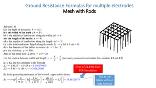 Ground Resistance Formulas for multiple electrodes
Mesh with Rods
Error of 24.87% from
FEA Simulation
This is the
Mesh without
rods formula
 