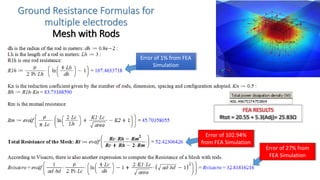 Ground Resistance Formulas for
multiple electrodes
Mesh with Rods
FEA RESULTS
Rtot = 20.55 + 5.3(Adj)= 25.83Ω
Error of 102.94%
from FEA Simulation
Error of 1% from FEA
Simulation
Error of 27% from
FEA Simulation
 