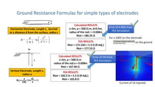 Ground Resistance Formulas for simple types of electrodes
Horizontal Electrode, Length L, burried
at a distance d from the surface, radius r
Calculated RESULTS
L=3m, ρ = 500 Ω.m, d=0.5m,
radius of the rod r = 0.008m
Rtot = 186.35 Ω
FEA RESULTS
Rtot = 172.23Ω + 5.3 Ω (R Adj.)
Rtot = 177.53 Ω
Vertical Electrode, Length L,
radius a
Calculated RESULTS
L=3m, ρ = 500 Ω.m
radius of the rod a = 0.008m
Rtot = 167.46 Ω
FEA RESULTS
Rtot = 160.5 Ω + 5.3 Ω (R Adj.)
Rtot = 165.8 Ω
Error of 4.96% from
FEA Simulation
Error of 1% from
FEA Simulation
For a 100V on the electrode
on the ground
Current of 1A injected
 