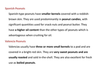 Spanish Peanuts
Spanish-type peanuts have smaller kernels covered with a reddish-
brown skin. They are used predominantly in peanut candies, with
significant quantities used for snack nuts and peanut butter. They
have a higher oil content than the other types of peanuts which is
advantageous when crushing for oil.
Valencia Peanuts
Valencias usually have three or more small kernels to a pod and are
covered in a bright-red skin. They are very sweet peanuts and are
usually roasted and sold in-the-shell. They are also excellent for fresh
use as boiled peanuts.
 