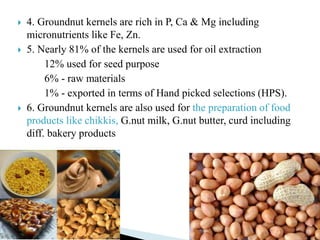  4. Groundnut kernels are rich in P, Ca & Mg including
micronutrients like Fe, Zn.
 5. Nearly 81% of the kernels are used for oil extraction
12% used for seed purpose
6% - raw materials
1% - exported in terms of Hand picked selections (HPS).
 6. Groundnut kernels are also used for the preparation of food
products like chikkis, G.nut milk, G.nut butter, curd including
diff. bakery products
 