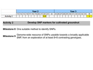 Activity 2             Develop SNP markers for cultivated groundnut

Milestone 8 One suitable method to identify SNPs.

              Genome-wide resource of SNPs useable towards a broadly applicable
Milestone 9
              SNP, from an exploration of at least 8+8 contrasting genotypes.
 