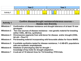 Confirm disease/drought resistance/tolerance sources –
 Activity 1
                                     Assess new diversity
Milestone 1   Confirmation of disease resistance and drought tolerance of at least 10 new
              genotypes
Milestone 2    Two new sources of disease resistance - new genetic material for breeding
              (either CSSL, AB line, synthetics)
Milestone 3   Chromosome segments from wild donor for disease and/or drought (CSSL
              Ad xAi – Fleur11)
Milestone 4   Pre-breeding material incorporating wild favourable alleles for future MARS.

Milestone 5   8 available synthetics tested for disease resistance; 1–2 AB-QTL populations
              with one synthetic amphidiploids.
Milestone 6   Database of phenotyping data for drought /
              knowledge of key traits for drought adaptation.
Milestone 7   A sub-set of 10 tolerant lines for TLII breeding / PVS trials.
 