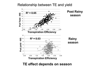 Relationship between TE and yield
                 16
                 14
                                  R² = 0.65                                         Post Rainy

Pod Yield - WS
                 12
                 10                                                                   season
                      8
                      6
                      4
                      2
                   0
                    0.00            0.50    1.00    1.50    2.00    2.50    3.00
                  -2
                                   Transpiration Efficiency
                      12

                                      R² = 0.03                                     Rainy
     Pod yield - WS




                      10

                          8
                                                                                    season
                          6

                          4

                          2

                          0
                           0.00      0.50    1.00    1.50    2.00    2.50    3.00

                                    Transpiration Efficiency

                          TE effect depends on season
 
