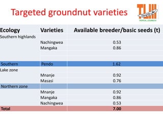 Targeted groundnut varieties
Ecology Varieties Available breeder/basic seeds (t)
Southern highlands
Nachingwea 0.53
Mangaka 0.86
Southern Pendo 1.62
Lake zone
Mnanje 0.92
Masasi 0.76
Northern zone
Mnanje 0.92
Mangaka 0.86
Nachingwea 0.53
Total 7.00
 