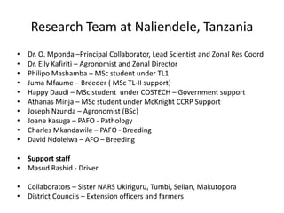Research Team at Naliendele, Tanzania
•   Dr. O. Mponda –Principal Collaborator, Lead Scientist and Zonal Res Coord
•   Dr. Elly Kafiriti – Agronomist and Zonal Director
•   Philipo Mashamba – MSc student under TL1
•   Juma Mfaume – Breeder ( MSc TL-II support)
•   Happy Daudi – MSc student under COSTECH – Government support
•   Athanas Minja – MSc student under McKnight CCRP Support
•   Joseph Nzunda – Agronomist (BSc)
•   Joane Kasuga – PAFO - Pathology
•   Charles Mkandawile – PAFO - Breeding
•   David Ndolelwa – AFO – Breeding

• Support staff
• Masud Rashid - Driver

• Collaborators – Sister NARS Ukiriguru, Tumbi, Selian, Makutopora
• District Councils – Extension officers and farmers
 