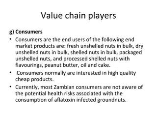 Value chain players
g) Consumers
• Consumers are the end users of the following end
market products are: fresh unshelled nuts in bulk, dry
unshelled nuts in bulk, shelled nuts in bulk, packaged
unshelled nuts, and processed shelled nuts with
flavourings, peanut butter, oil and cake.
• Consumers normally are interested in high quality
cheap products.
• Currently, most Zambian consumers are not aware of
the potential health risks associated with the
consumption of aflatoxin infected groundnuts.
 