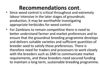 Recommendations cont.
• Since weed control is critical throughout and extremely
labour intensive in the later stages of groundnuts
production, it may be worthwhile investigating
appropriate herbicides for weed control.
• For Zambians to remain competitive there is need to
better understand farmer and market preferences and to
ensure that the groundnut breeding programme develops
and delivers suitable varieties and sufficient quantities of
breeder seed to satisfy these preferences. There is
therefore need for traders and processors to work closely
with the breeders such as ZARI to communicate market
requirements, and these breeders need secured funding
to maintain a long term, sustainable breeding programme.
 
