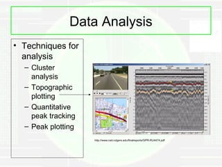 Data Analysis
• Techniques for
  analysis
  – Cluster
    analysis
  – Topographic
    plotting
  – Quantitative
    peak tracking
  – Peak plotting
                    http://www.cait.rutgers.edu/finalreports/GPR-RU4474.pdf
 