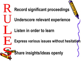 Record significant proceedings
Underscore relevant experience
Listen in order to learn
Express various issues without hesitation
Share insights/ideas openly
 