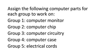 Assign the following computer parts for
each group to work on:
Group 1: computer monitor
Group 2: computer chip
Group 3: computer circuitry
Group 4: computer case
Group 5: electrical cords
 
