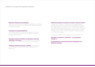 Assessoria tributária no pós-aquisição
Serviços que visam identificar e mapear as fragilidades dos controles
de apuração dos tributos e o cumprimento dos prazos das obrigações
principais e acessórias;
Formação de Consultas Específicas
Determinados problemas requerem a formulação de consultas,
que se constituirão em fundamento para a tomada de decisão
por parte do Administrador
Formação de estrutura tributária de operações comerciais,
industriais e de serviços, incluindo os efeitos com fornecedores,
distribuidores, etc., estabelecidos em outros Estados Brasileiros
"Avaliação tributária de estrutura societária, visando estrutura
de remuneração do negócio (dividendos, “management fees”,
aluguel, etc.)"
Assessoria tributária no processo de compra e venda de empresa
O serviço de due diligence na área tributária visa a análise da parte
procedimental, ou seja, se o cumprimento das obrigações principais e
acessórias estão em consonância com as normas tributárias vigentes.
Estas análises identificam passivos ocultos, o que traz aos compradores
proteção contra surpresas desagradáveis no pós aquisição e, para os
vendedores, evita “sustos” na hora de sentarem à mesa para negociar
com o potencial comprador.
Ainda podemos auxiliar as partes envolvidas em tais processos na:
Formação de conteúdo de “data-room”, no procedimento
tributário; e,
Acompanhamento e discussão de pontos identificados com
potencial comprador.
Ajudamos em projetos das seguintes naturezas:
13
 