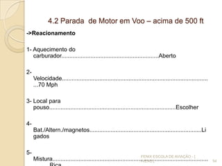 4.2 Parada de Motor em Voo – acima de 500 ft
->Reacionamento
1- Aquecimento do
carburador............................................................Aberto
2-
Velocidade..........................................................................................
...70 Mph
3- Local para
pouso..............................................................................Escolher
4-
Bat./Altern./magnetos.....................................................................Li
gados
5-
Mistura................................................................................................ 54
FENIX ESCOLA DE AVIAÇÃO - [
IVENS ]
 