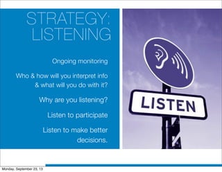 STRATEGY:
LISTENING
Ongoing monitoring
Who & how will you interpret info
& what will you do with it?
Why are you listening?
Listen to participate
Listen to make better
decisions.
Monday, September 23, 13
 