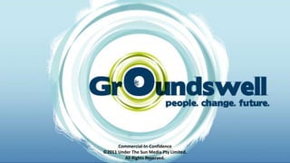 Groundswell
                                                                people. change. future.


Positioning statement
                 Groundswell addresses the need for people to come to the
                    understanding that the future of the planet will be shaped
                    by our actions right now

                    Behavioural change is actually necessary to realise this

                    And that change is possible

                                  Commercial-In-Confidence
                            ©2011 Under The Sun Media Pty Limited.
                                     All Rights Reserved.
 