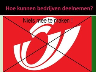 Hoe kunnen bedrijven deelnemen?PPeopleAssess your customers’ social activitiesOObjectivesDecide what you want to accomplishSStrategyPlan for how relationships with customers will changeTTechnologyDecide which social technologies to use