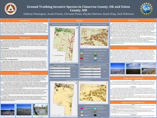 Ground truthing is an important, however tedious, step to assessing the accuracy of landsat data
classifications and other remotely sensing imagery. Conducting fieldwork allows for the researcher to
gather information that is unavailable with remotely sensed imagery. For instance, the 2001 and 2011
National Land Cover Datasets has a resolution that does not allow for smaller features to be seen. This
type of fieldwork requires a lot of time, patience, and a good eye to differentiate land cover types.
Accuracy assessments of the ground truth data indicate that this method of data gathering is fairly
accurate and reliable. The data collection method of ground truthing can be improved with a more
strategic protocol of collection in the field, and perhaps with more time and freedom involving future
research, this method can become even more accurate.
Scope
The scope of this project involved ground truthing various land cover types in Union County, New
Mexico and Cimarron County, Oklahoma. By utilizing public roadways, our task was to ground truth
the region in two separate vehicles and cover as many different topographical landmarks as possible.
Limitations
Access was limited to public roadways. Private property was off limits and all data had to be
collected on the road and required significant amounts of estimation, such as the depth of the land cover
type. In addition, collection had to occur during the day with the additional limitation of the fall season
shortening daylight. The time allotted to acquire such a vast amount of data in the region was limited to
only two days which required quicker and perhaps less accurate methods of collection. This also limited
travel in the larger of the two counties, Union County.
Limitations involving data analysis included the age of the National Land Cover Dataset. We were
conducting an analysis on a classified image that is from 2011. The gap in image age could have skewed
the accuracy assessment results.
Ground Truthing Invasive Species in Cimarron County, OK and Union
County, NM
Anthony Pennington, Austin Fessler, Giovanni Penna, Hayden Harrison, Kayla King, Zach Robinson
Introduction
Background
Methodology
Recently, there has been an influx of invasive species of vegetation such as the Cholla Cactus
(Cylindropuntia imbricata) and Pinyon-Juniper Woodlands (Pinus edulis/Juniperus grandis) in Cimarron
County, Oklahoma and Union County, New Mexico. This study gathered ground truthing points to create a
database for analysis in order to analyze this change. The ground truthing samples were collected via GPS
in order to record land cover across the region. The goal of the study was to identify the spread of invasive
species, mainly woody plant encroachment, and to compare the ground truth points with the 2011 National
Land Cover Dataset. This was mostly looking at the conversion of grasslands into irrigated agricultural
farmland and shrubland. We compared our findings with 2011 National Land Cover Dataset and conducted
an accuracy analysis and a land cover change analysis.
Group of Juniper in Cimarron County, Oklahoma Salt Cedar across the Cimarron River Cimarron
County, Oklahoma
Scattered Cholla in Cimarron County, Oklahoma
Citations
Anadon, J. D., Sala, O., Turner, B. L., & Bennett, E. M. (2014). “Effect of woody-plant encroachment on livestock production in North and South America”. Proceedings of the
National Academy of Sciences of the United States of America, 11(35), pp. 12949
Carpenter, A.T. 1998. “Element Stewardship Abstract for Tamarisk.” The Nature Conservancy Wildland Weed Database.
Eastman, J Ronald. 2015. "TerrSet manual." Accessed in TerrSet version 18:1-390.
Fagin, T., Vadjunec, J., Colston, N., Wenger, K., & Graham, A. (2016) “Land tenure and landscape change: a comparison of public-private lands in the southern High Plains”.
Ecological Processes.
Hargrave, Michael L. 2006. "Ground truthing the results of geophysical surveys." Remote sensing in archaeology: an explicitly North American perspective:269-304.
Story, Michael, and Russell G Congalton. 1986. "Accuracy assessment: a user’s perspective." Photogrammetric Engineering and remote sensing 52 (3):397-399.
Verne, Grant and Karen A. Grant. June 7, 1971. “Natural Hybridization between the Cholla Cactus Species Opuntia spinosior and Opuntia versicolor.” Department of Botany,
University of Texas.
White, John P. Diane Pub Co, 2004. “Ecology, diversity and sustainability of the middle Rio Grande basin.”
Acknowledgements
This student fieldwork experience has been funded in part by a National Science Foundation (NSF) research grant (#CMMI-1266381:
Vadjunec, Phillips, & Fagin). Any opinions and findings are those of the authors and not NSF.
Citations & Acknowledgements
National Land Cover Dataset (simplified) Legend
Deciduous Forest
Ground Truthing Points Across Union County, New Mexico
Results
Ground Truthing Points Across Cimarron County, Oklahoma
Grassland/Herbaceous
Cultivated Crops
Developed
Barren Land
Evergreen Forest
Shrubland
Open Water
Discussion
Cimarron County Accuracy Assessment Results
Conclusions
Classification Percent Accurate Total Percent Accurate
Barren Land 20%
64%
Cultivated Crops 100%
Deciduous Forest 0%
Developed 83%
Evergreen Forest 14%
Grassland/Herbaceous 96%
Open Water 100%
Shrub/Scrub 100%
Scope and Limitations
Classification Percent Accurate Total Percent Accurate
Barren Land 100%
69%
Cultivated Crops 73%
Developed 100%
Evergreen Forest 0%
Grassland/Herbaceous 82%
Open Water 100%
Shrub/Scrub 29%
Union County Accuracy Assessment Results
Land Cover Change Assessment from 2001 to 2011
Center Pivot Irrigation in Union County, New Mexico
The accuracy assessment conducted on the ground truth points recorded in Union County, NM and
Cimarron County, OK reveal a 64% and 69% accuracy rate, respectively. In Union County, land cover
types such as cultivated crops, open water, and shrubland were recorded with 100% accuracy. Other
land cover types, such as developed and grassland/herbaceous areas, were recorded with an accuracy of
83% and 96%, respectively. In Cimarron County, land cover types such as barren land, developed, and
open water were recorded with 100% accuracy. Other land cover types, such as cultivated crops and
grassland/herbaceous areas, were recorded at an accuracy level of 73% and 82%, respectively.
Together, the accuracy assessment revealed a 62% accuracy in the ground truth points recorded between
both counties. In both Cimarron County and Union County, the land cover types of evergreen forests
had an accuracy assessment percentage of 0% and 14%, respectively. This could be due to the age of the
2011 NLCD data as this land cover type looked to be relatively new.
The land cover change assessment from 2001 to 2011 indicated large areas of stable land cover
across both Cimarron County, OK and Union County, NM. The land cover change results show areas of
change from grassland/herbaceous to cultivated crops. Areas in blue show change from
grassland/herbaceous to cultivated crops. Areas that experienced change from grassland/herbaceous to
shrubland can be seen in pink.
Land Cover Change Assessment Legend
Stable Shrubland
Grassland/Herbaceous to
Shrubland
Stable Grassland/
Herbaceous
Other
Stable Cultivated Crops
Grassland/Herbaceous to
Cultivated Crops
An example of Yucca in Union County, New Mexico Clayton Lake, Union County, New Mexico
In Cimarron and Union counties, woody plant encroachment has created a number of issues regarding
the effect of the invasive species in the region. Ground cover is being taken over, pushing out native grass
species and reducing the area these grasses can grow in. We believe overgrazing and pasture conversion of
fields in the region are a primary factor in the encroachment of these invasive species. In comparing the
ground truthing points to the NLCD data for the two counties, we assessed the accuracy of said data as well
as conducted a land cover change analysis.
Cholla Shrubland
Most commonly found in the deserts of North America, the cholla cactus has more than twenty species in
the Optunia genus of the Cactacea family. The flowers have a green to yellowish color which sometimes
can be orange. The species thrives mostly in the months of April through June and are most commonly
located in the deserts of Southwest America with a variety of species inhabiting these deserts. The species
locations are often based on elevation and other vegetation that is present. Cholla species prefer dry soil in
areas that resemble steppes, but some species have adapted to forested areas with most being located in dry
rocky areas.
Pinyon-Juniper Shrubland/Woodland
Pinyon-Juniper woodlands are one of the largest ecosystems in the Southwest and in the Middle Rio
Grande Basin (White 2004). The tree has historically been used as a natural resource. Pinyon-Juniper are
trees that are relatively small and average around five meters in height. The Pinyon-Juniper has different
species compositions. The tree sometimes is composed of dense areas that are relatively large in height,
while other areas have more spread out populations that are shorter in height. In New Mexico alone, there
are hundreds of pinyon species. This type of woodlands suffers from a variety of damaging agents such as
insects and invasive species of plants and trees.
In order to assess the Landsat image accuracy and landscape changes, a mixed methods approach was
used to collect and process the spatial data. Cimarron and Union Counties were investigated using a GPS
data collection of training samples for the purposes of an accuracy assessment and land cover change
analyses. Using that image, along with others, a land cover change analysis was performed to determine
how both Cimarron and Union Counties have changed between the years of 2001 and 2011.
Ground truthing is a process that allows a researcher to verify the classification results of a remotely
sensed image through the use of independent evidence (Hargrave 2006). A Trimble Juno 3B handheld GPS
unit was used to collect training samples in the field. Information collected on the GPS unit included the
researcher’s name, date, time, starting and ending points, latitude and longitude, and the training sample
classification and activity present at each location.
After the data was collected, the training sample points were used to run an accuracy assessment on
the 2011 National Land Cover Dataset. ESRI’s ArcGIS was utilized to compare the points with the
classified raster image. Using the ‘Extract Values to Points’ geoprocessing tool, we were able to compare
the classified points with the classified raster image. Simple statistics were performed on the points to
check for accuracy.
In order to conduct a land cover change analysis, the National Land Cover Datasets for 2001 and 2011
were clipped to our study areas. The raster calculator was used to identify areas of Shrubland,
Grassland/Herbaceous, and Cultivated Crops as well as areas where Grassland/Herbaceous changed to
Shrubland and Cultivated Crops.
 