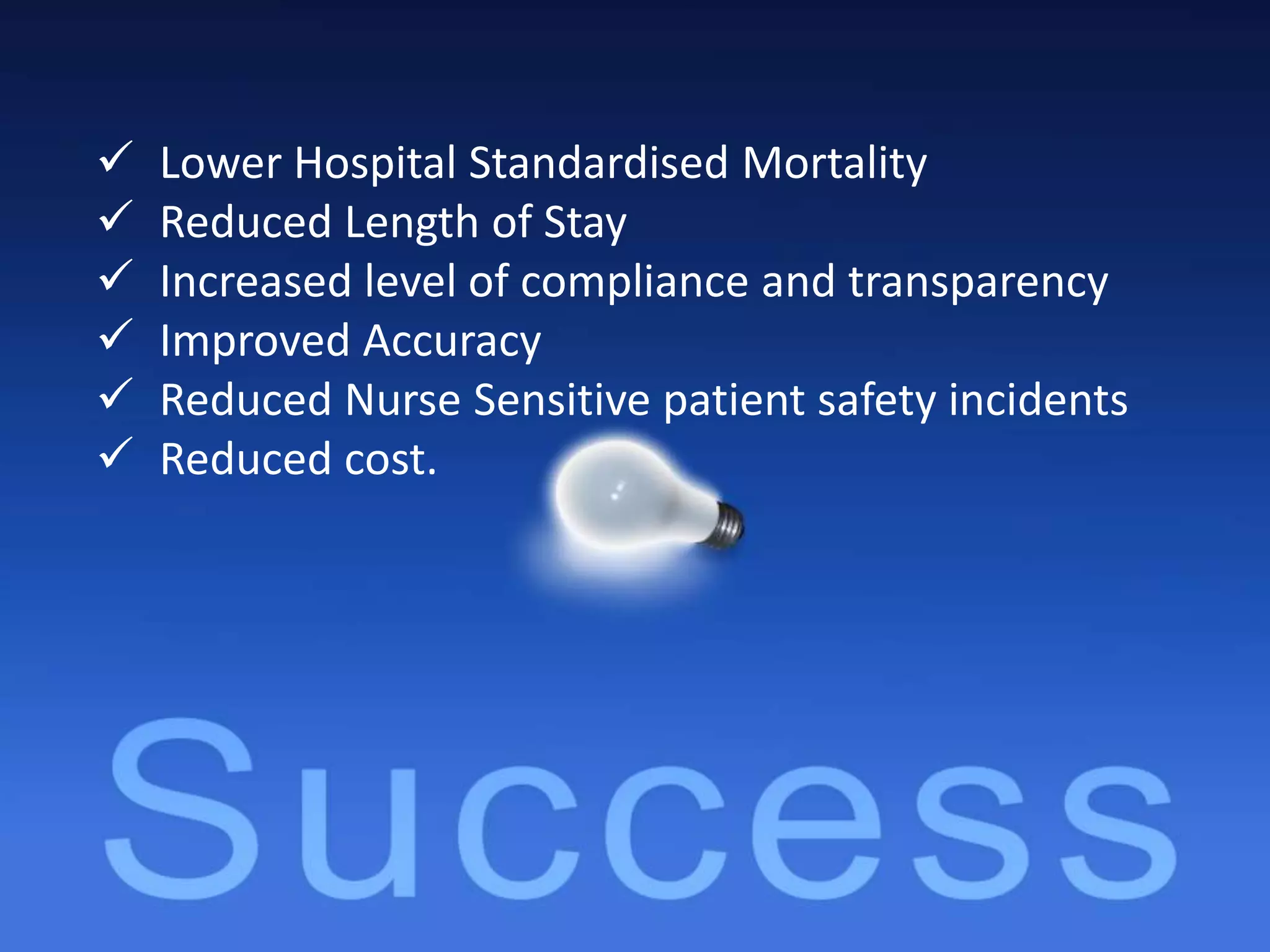  Lower Hospital Standardised Mortality
 Reduced Length of Stay
 Increased level of compliance and transparency
 Improved Accuracy
 Reduced Nurse Sensitive patient safety incidents
 Reduced cost.
 
