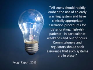 ‟All trusts should rapidly
embed the use of an early
warning system and have
clinically appropriate
escalation procedures for
deteriorating, high-risk
patients - in particular at
weekends and out of hours.
Commissioners and
regulators should seek
assurance that such systems
are in place.”
Keogh Report 2013
 