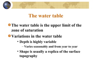 The water table
The water table is the upper limit of the
zone of saturation
Variations in the water table
• Depth is highly variable
– Varies seasonably and from year to year
• Shape is usually a replica of the surface
topography
 