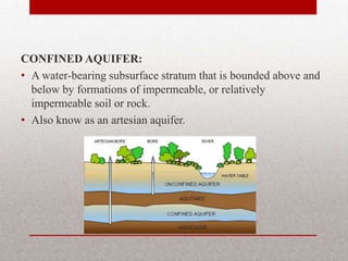 CONFINED AQUIFER:
• A water-bearing subsurface stratum that is bounded above and
  below by formations of impermeable, or relatively
  impermeable soil or rock.
• Also know as an artesian aquifer.
 