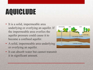 AQUICLUDE
• It is a solid, impermeable area
  underlying or overlying an aquifer. If
  the impermeable area overlies the
  aquifer pressure could cause it to
  become a confined aquifer.
• A solid, impermeable area underlying
  or overlying an aquifer.
• It can absorb water but cannot transmit
  it in significant amount.
 