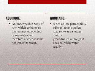 AQUIFUGE:                      AQUITARD:
 • An impermeable body of      • A bed of low permeability
   rock which contains no        adjacent to an aquifer;
   interconnected openings       may serve as a storage
   or interstices and            unit for
   therefore neither absorbs     groundwater, although it
   nor transmits water.          does not yield water
                                 readily.
 