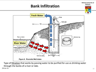 Bank Infiltration

National University of
Malaysia

Fresh Water

River Water

Type of filtration that works by passing water to be purified for use as drinking water
through the banks of a river or lake.
28-Jan-14

14

 