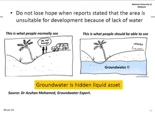 National University of
Malaysia

This is what people normally see

This is what people should be able to see

Groundwater !!

Source: Dr Azuhan Mohamed, Groundwater Expert.

28-Jan-14

15

 
