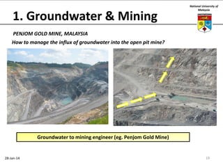 1. Groundwater & Mining

National University of
Malaysia

PENJOM GOLD MINE, MALAYSIA
How to manage the influx of groundwater into the open pit mine?

Groundwater to mining engineer (eg. Penjom Gold Mine)

28-Jan-14

19

 
