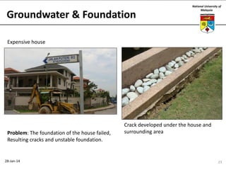 Groundwater & Foundation

National University of
Malaysia

Expensive house

Problem: The foundation of the house failed,
Resulting cracks and unstable foundation.

28-Jan-14

Crack developed under the house and
surrounding area

23

 